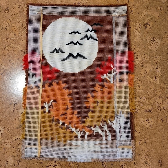 Mid Century Shag Rug Wall Hanging Hook Loop Woven Autumn Birds Moon/Sun 36x24 - Picture 13 of 13